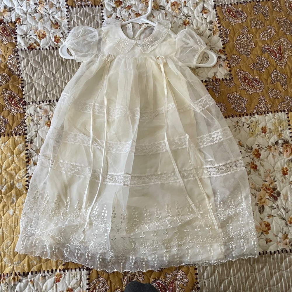 Vintage Christening Gown Set Lace Embroidery Ivory Baptism Dress with Slip 24in